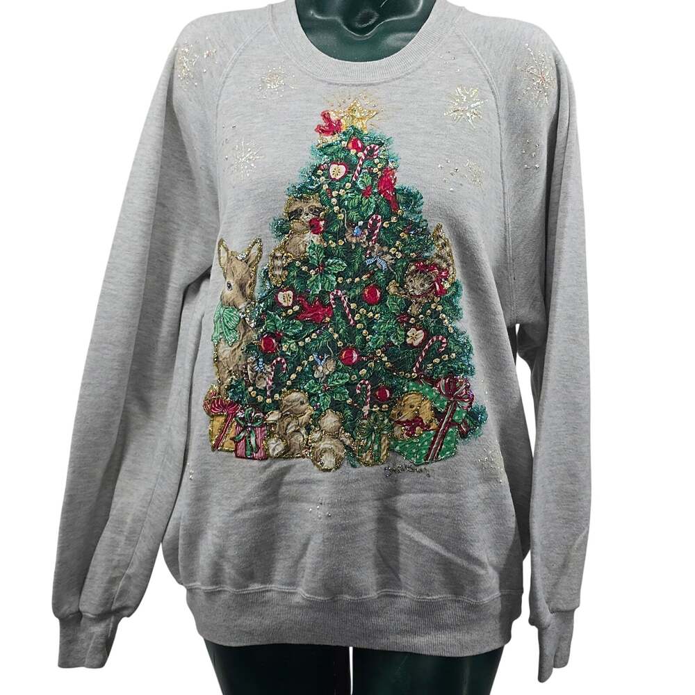 Vintage Jerzees Ugly Christmas Tree Woodland Animals Sweatshirt XL Grandmacore